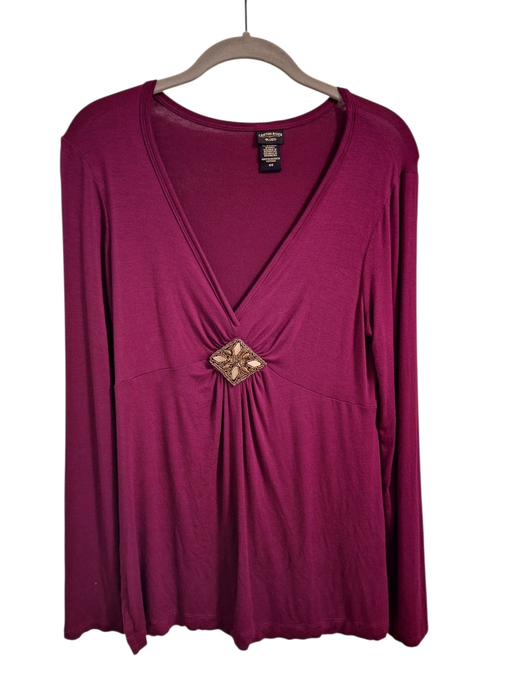 Canyon River Blues Plum Long-Sleeve V-Neck Top with Center Embellishment